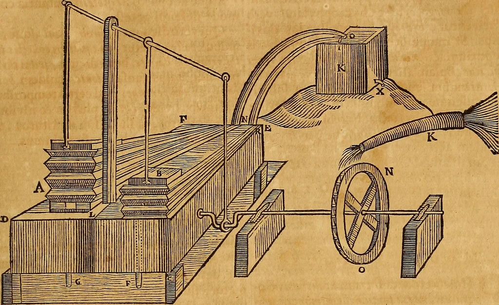 An illustration from Mundus subterraneus, in XII libros digestus : qvo divinum subterrestris mundi opificium, mira ergasteriorum naturae in eo distributio, verbo [pantamorphon] Protei regnum, universae denique naturae majestas & divitiae summa rerum varietate exponuntur, abditorum effectuum causae acri indagine inquistae demonstrantur, cognitae per artis & naturae conjugium ad humanae vitae necessarium usum vario experimentorum apparata, necnon novo modo & ratione applicantur. Ad Alexandrum VII. pont. opt. max., 1678, leaf 312