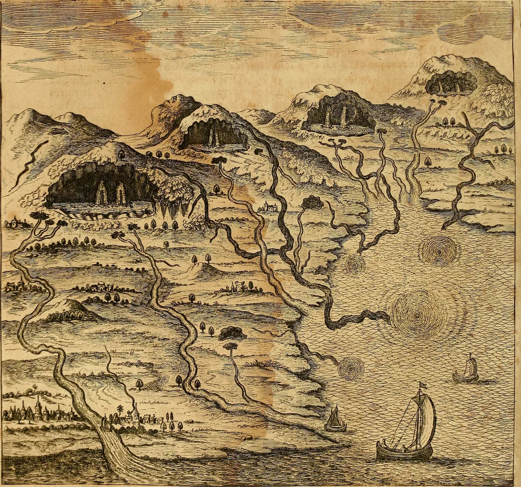 An illustration from Mundus subterraneus, in XII libros digestus : qvo divinum subterrestris mundi opificium, mira ergasteriorum naturae in eo distributio, verbo [pantamorphon] Protei regnum, universae denique naturae majestas & divitiae summa rerum varietate exponuntur, abditorum effectuum causae acri indagine inquistae demonstrantur, cognitae per artis & naturae conjugium ad humanae vitae necessarium usum vario experimentorum apparata, necnon novo modo & ratione applicantur. Ad Alexandrum VII. pont. opt. max., 1678, leaf 315
