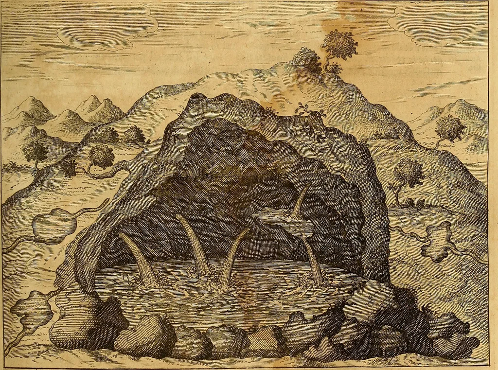 An illustration from Mundus subterraneus, in XII libros digestus : qvo divinum subterrestris mundi opificium, mira ergasteriorum naturae in eo distributio, verbo [pantamorphon] Protei regnum, universae denique naturae majestas & divitiae summa rerum varietate exponuntur, abditorum effectuum causae acri indagine inquistae demonstrantur, cognitae per artis & naturae conjugium ad humanae vitae necessarium usum vario experimentorum apparata, necnon novo modo & ratione applicantur. Ad Alexandrum VII. pont. opt. max., 1678, leaf 316