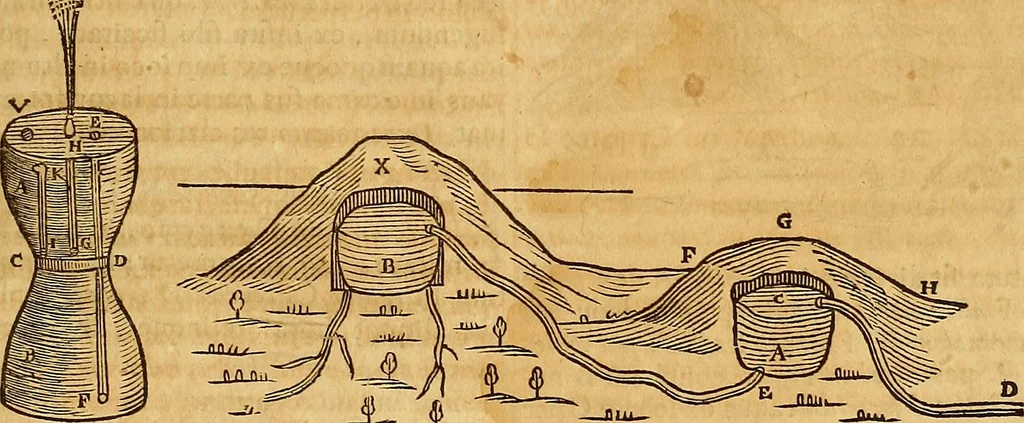 An illustration from Mundus subterraneus, in XII libros digestus : qvo divinum subterrestris mundi opificium, mira ergasteriorum naturae in eo distributio, verbo [pantamorphon] Protei regnum, universae denique naturae majestas & divitiae summa rerum varietate exponuntur, abditorum effectuum causae acri indagine inquistae demonstrantur, cognitae per artis & naturae conjugium ad humanae vitae necessarium usum vario experimentorum apparata, necnon novo modo & ratione applicantur. Ad Alexandrum VII. pont. opt. max., 1678, leaf 320