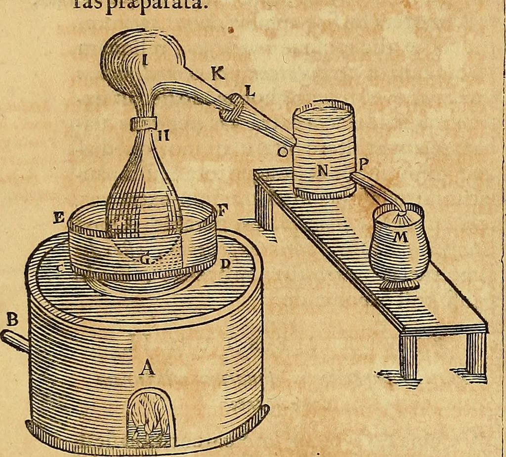 An illustration from Mundus subterraneus, in XII libros digestus : qvo divinum subterrestris mundi opificium, mira ergasteriorum naturae in eo distributio, verbo [pantamorphon] Protei regnum, universae denique naturae majestas & divitiae summa rerum varietate exponuntur, abditorum effectuum causae acri indagine inquistae demonstrantur, cognitae per artis & naturae conjugium ad humanae vitae necessarium usum vario experimentorum apparata, necnon novo modo & ratione applicantur. Ad Alexandrum VII. pont. opt. max., 1678, leaf 335