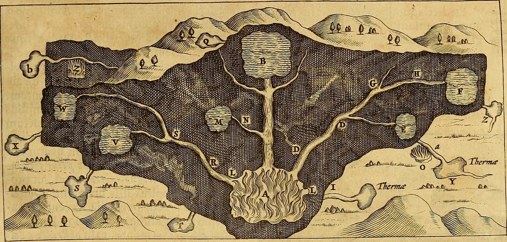 An illustration from Mundus subterraneus, in XII libros digestus : qvo divinum subterrestris mundi opificium, mira ergasteriorum naturae in eo distributio, verbo [pantamorphon] Protei regnum, universae denique naturae majestas & divitiae summa rerum varietate exponuntur, abditorum effectuum causae acri indagine inquistae demonstrantur, cognitae per artis & naturae conjugium ad humanae vitae necessarium usum vario experimentorum apparata, necnon novo modo & ratione applicantur. Ad Alexandrum VII. pont. opt. max., 1678, leaf 338