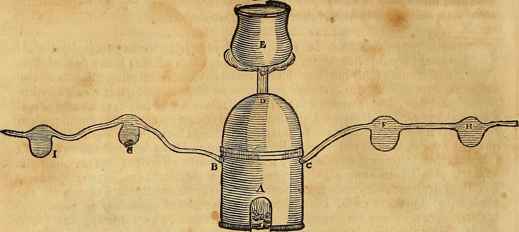 An illustration from Mundus subterraneus, in XII libros digestus : qvo divinum subterrestris mundi opificium, mira ergasteriorum naturae in eo distributio, verbo [pantamorphon] Protei regnum, universae denique naturae majestas & divitiae summa rerum varietate exponuntur, abditorum effectuum causae acri indagine inquistae demonstrantur, cognitae per artis & naturae conjugium ad humanae vitae necessarium usum vario experimentorum apparata, necnon novo modo & ratione applicantur. Ad Alexandrum VII. pont. opt. max., 1678, leaf 339