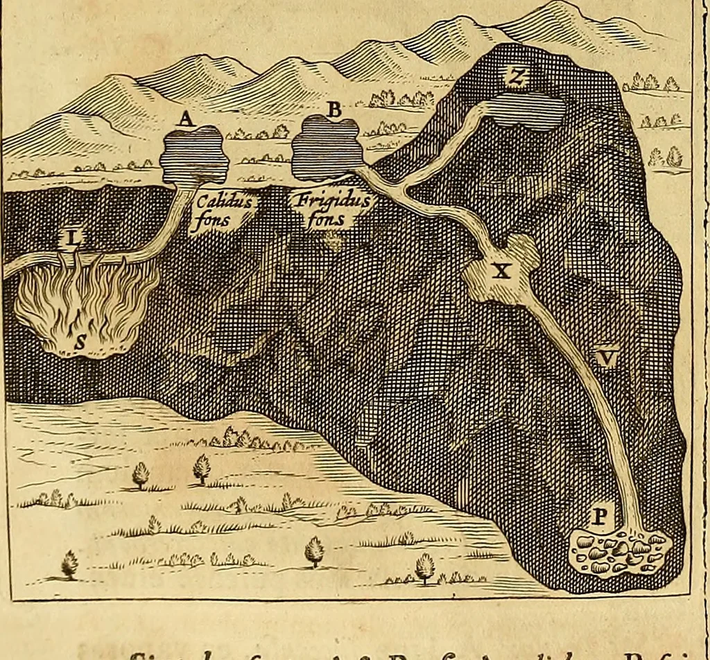 An illustration from Mundus subterraneus, in XII libros digestus : qvo divinum subterrestris mundi opificium, mira ergasteriorum naturae in eo distributio, verbo [pantamorphon] Protei regnum, universae denique naturae majestas & divitiae summa rerum varietate exponuntur, abditorum effectuum causae acri indagine inquistae demonstrantur, cognitae per artis & naturae conjugium ad humanae vitae necessarium usum vario experimentorum apparata, necnon novo modo & ratione applicantur. Ad Alexandrum VII. pont. opt. max., 1678, leaf 339