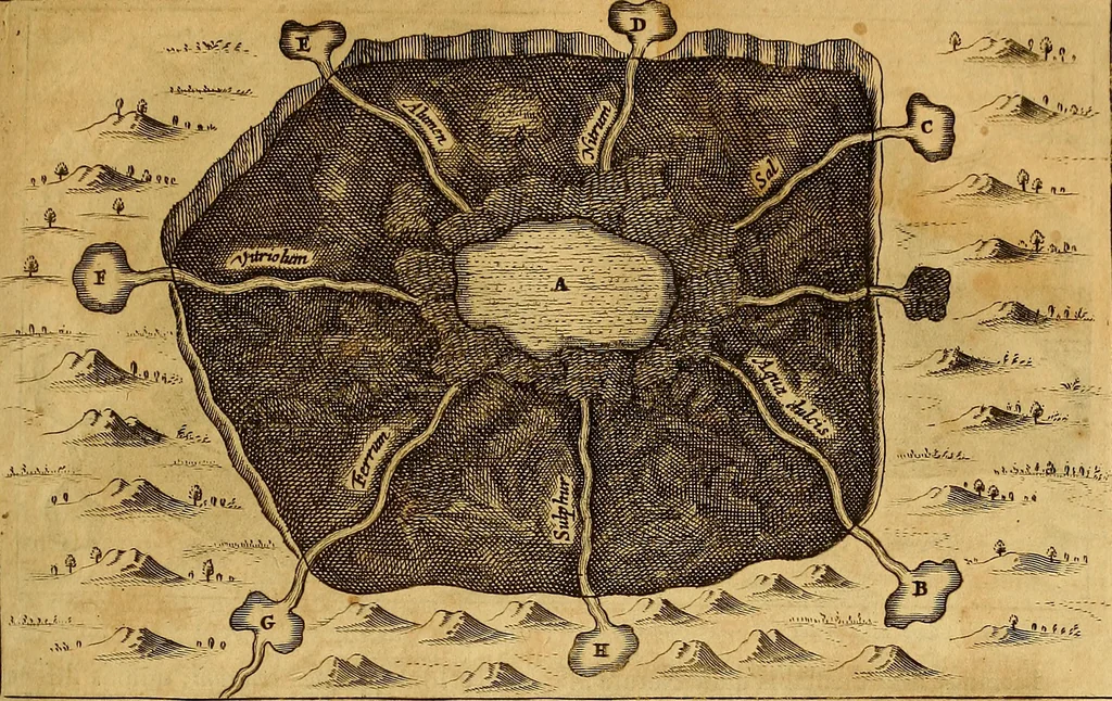 An illustration from Mundus subterraneus, in XII libros digestus : qvo divinum subterrestris mundi opificium, mira ergasteriorum naturae in eo distributio, verbo [pantamorphon] Protei regnum, universae denique naturae majestas & divitiae summa rerum varietate exponuntur, abditorum effectuum causae acri indagine inquistae demonstrantur, cognitae per artis & naturae conjugium ad humanae vitae necessarium usum vario experimentorum apparata, necnon novo modo & ratione applicantur. Ad Alexandrum VII. pont. opt. max., 1678, leaf 340