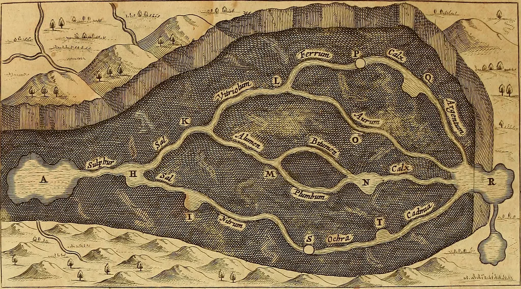 An illustration from Mundus subterraneus, in XII libros digestus : qvo divinum subterrestris mundi opificium, mira ergasteriorum naturae in eo distributio, verbo [pantamorphon] Protei regnum, universae denique naturae majestas & divitiae summa rerum varietate exponuntur, abditorum effectuum causae acri indagine inquistae demonstrantur, cognitae per artis & naturae conjugium ad humanae vitae necessarium usum vario experimentorum apparata, necnon novo modo & ratione applicantur. Ad Alexandrum VII. pont. opt. max., 1678, leaf 341