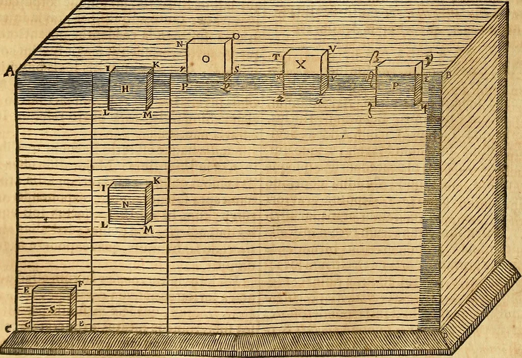 An illustration from Mundus subterraneus, in XII libros digestus : qvo divinum subterrestris mundi opificium, mira ergasteriorum naturae in eo distributio, verbo [pantamorphon] Protei regnum, universae denique naturae majestas & divitiae summa rerum varietate exponuntur, abditorum effectuum causae acri indagine inquistae demonstrantur, cognitae per artis & naturae conjugium ad humanae vitae necessarium usum vario experimentorum apparata, necnon novo modo & ratione applicantur. Ad Alexandrum VII. pont. opt. max., 1678, leaf 359