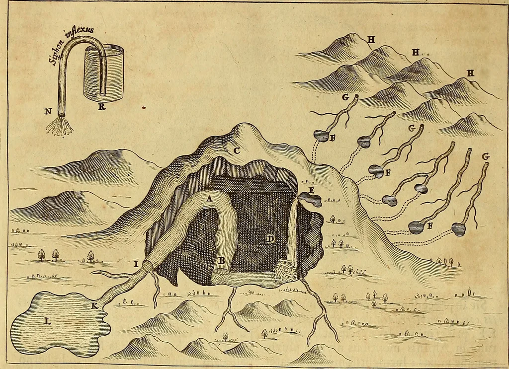 An illustration from Mundus subterraneus, in XII libros digestus : qvo divinum subterrestris mundi opificium, mira ergasteriorum naturae in eo distributio, verbo [pantamorphon] Protei regnum, universae denique naturae majestas & divitiae summa rerum varietate exponuntur, abditorum effectuum causae acri indagine inquistae demonstrantur, cognitae per artis & naturae conjugium ad humanae vitae necessarium usum vario experimentorum apparata, necnon novo modo & ratione applicantur. Ad Alexandrum VII. pont. opt. max., 1678, leaf 367