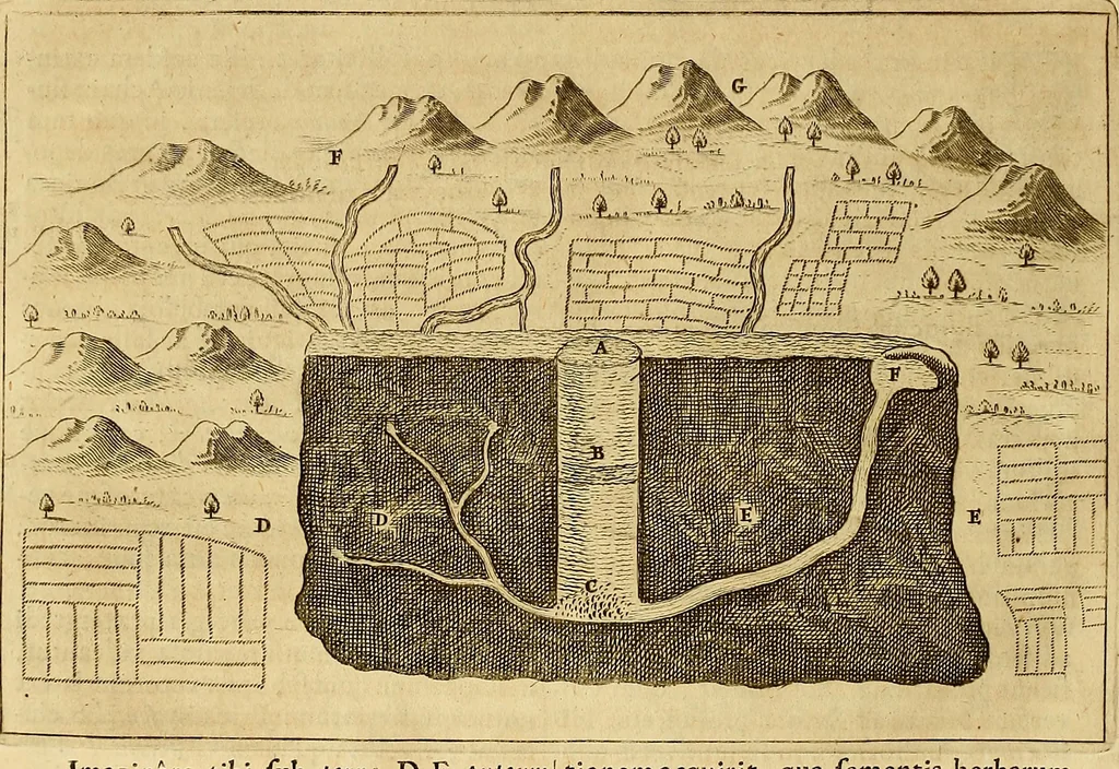 An illustration from Mundus subterraneus, in XII libros digestus : qvo divinum subterrestris mundi opificium, mira ergasteriorum naturae in eo distributio, verbo [pantamorphon] Protei regnum, universae denique naturae majestas & divitiae summa rerum varietate exponuntur, abditorum effectuum causae acri indagine inquistae demonstrantur, cognitae per artis & naturae conjugium ad humanae vitae necessarium usum vario experimentorum apparata, necnon novo modo & ratione applicantur. Ad Alexandrum VII. pont. opt. max., 1678, leaf 371
