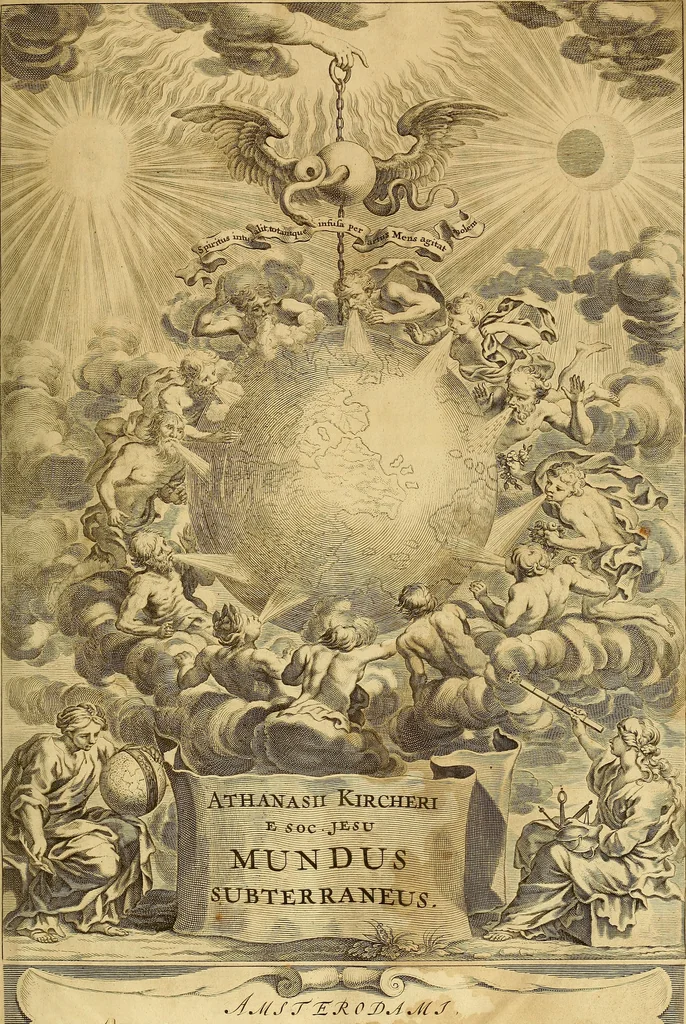 An illustration from Mundus subterraneus, in XII libros digestus : qvo divinum subterrestris mundi opificium, mira ergasteriorum naturae in eo distributio, verbo [pantamorphon] Protei regnum, universae denique naturae majestas & divitiae summa rerum varietate exponuntur, abditorum effectuum causae acri indagine inquistae demonstrantur, cognitae per artis & naturae conjugium ad humanae vitae necessarium usum vario experimentorum apparata, necnon novo modo & ratione applicantur. Ad Alexandrum VII. pont. opt. max., 1678, leaf 4