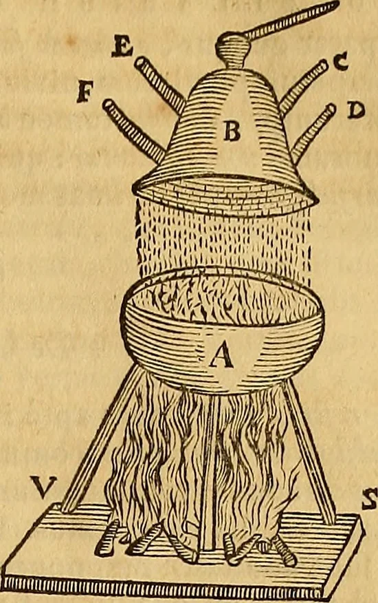 An illustration from Mundus subterraneus, in XII libros digestus : qvo divinum subterrestris mundi opificium, mira ergasteriorum naturae in eo distributio, verbo [pantamorphon] Protei regnum, universae denique naturae majestas & divitiae summa rerum varietate exponuntur, abditorum effectuum causae acri indagine inquistae demonstrantur, cognitae per artis & naturae conjugium ad humanae vitae necessarium usum vario experimentorum apparata, necnon novo modo & ratione applicantur. Ad Alexandrum VII. pont. opt. max., 1678, leaf 418