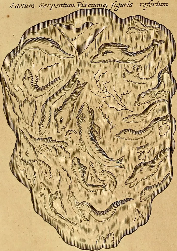 An illustration from Mundus subterraneus, in XII libros digestus : qvo divinum subterrestris mundi opificium, mira ergasteriorum naturae in eo distributio, verbo [pantamorphon] Protei regnum, universae denique naturae majestas & divitiae summa rerum varietate exponuntur, abditorum effectuum causae acri indagine inquistae demonstrantur, cognitae per artis & naturae conjugium ad humanae vitae necessarium usum vario experimentorum apparata, necnon novo modo & ratione applicantur. Ad Alexandrum VII. pont. opt. max., 1678, leaf 483