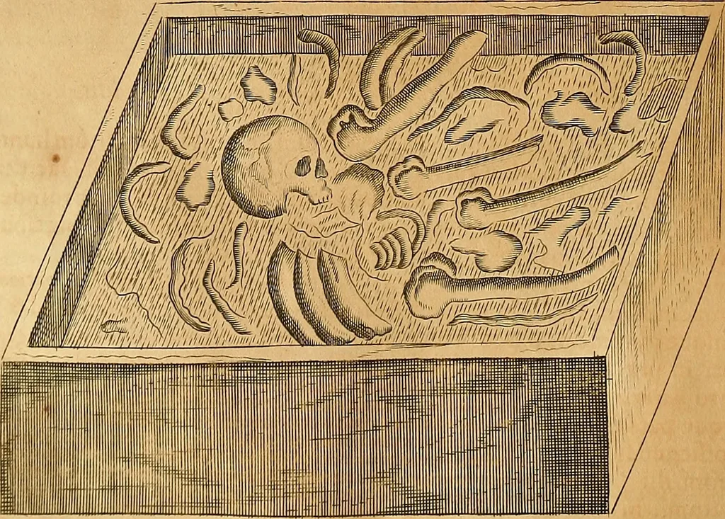 An illustration from Mundus subterraneus, in XII libros digestus : qvo divinum subterrestris mundi opificium, mira ergasteriorum naturae in eo distributio, verbo [pantamorphon] Protei regnum, universae denique naturae majestas & divitiae summa rerum varietate exponuntur, abditorum effectuum causae acri indagine inquistae demonstrantur, cognitae per artis & naturae conjugium ad humanae vitae necessarium usum vario experimentorum apparata, necnon novo modo & ratione applicantur. Ad Alexandrum VII. pont. opt. max., 1678, leaf 493