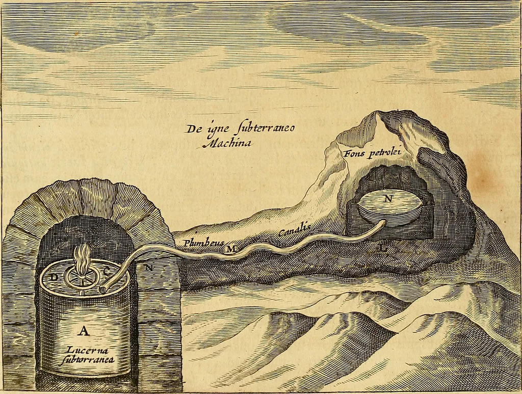 An illustration from Mundus subterraneus, in XII libros digestus : qvo divinum subterrestris mundi opificium, mira ergasteriorum naturae in eo distributio, verbo [pantamorphon] Protei regnum, universae denique naturae majestas & divitiae summa rerum varietate exponuntur, abditorum effectuum causae acri indagine inquistae demonstrantur, cognitae per artis & naturae conjugium ad humanae vitae necessarium usum vario experimentorum apparata, necnon novo modo & ratione applicantur. Ad Alexandrum VII. pont. opt. max., 1678, leaf 517