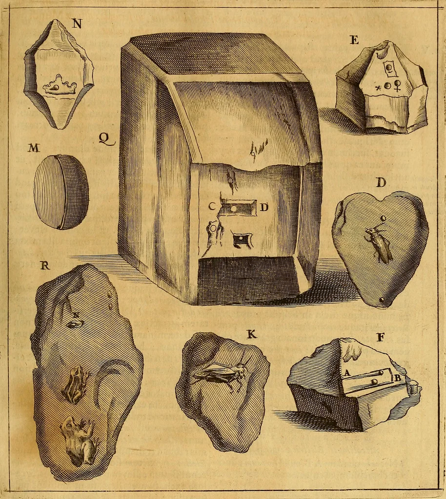 An illustration from Mundus subterraneus, in XII libros digestus : qvo divinum subterrestris mundi opificium, mira ergasteriorum naturae in eo distributio, verbo [pantamorphon] Protei regnum, universae denique naturae majestas & divitiae summa rerum varietate exponuntur, abditorum effectuum causae acri indagine inquistae demonstrantur, cognitae per artis & naturae conjugium ad humanae vitae necessarium usum vario experimentorum apparata, necnon novo modo & ratione applicantur. Ad Alexandrum VII. pont. opt. max., 1678, leaf 522