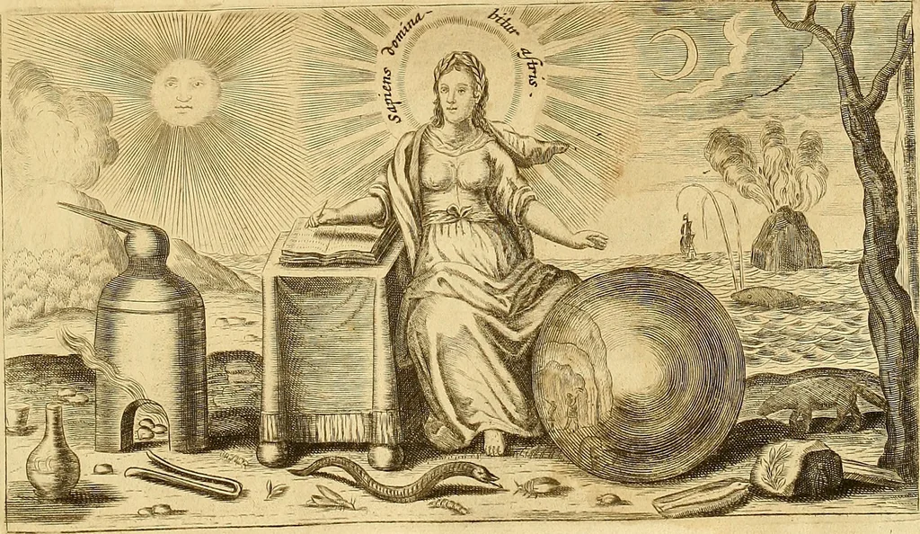An illustration from Mundus subterraneus, in XII libros digestus : qvo divinum subterrestris mundi opificium, mira ergasteriorum naturae in eo distributio, verbo [pantamorphon] Protei regnum, universae denique naturae majestas & divitiae summa rerum varietate exponuntur, abditorum effectuum causae acri indagine inquistae demonstrantur, cognitae per artis & naturae conjugium ad humanae vitae necessarium usum vario experimentorum apparata, necnon novo modo & ratione applicantur. Ad Alexandrum VII. pont. opt. max., 1678, leaf 6