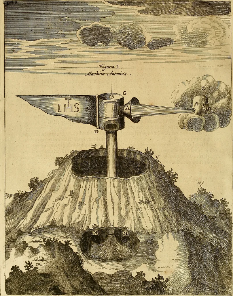 An illustration from Mundus subterraneus, in XII libros digestus : qvo divinum subterrestris mundi opificium, mira ergasteriorum naturae in eo distributio, verbo [pantamorphon] Protei regnum, universae denique naturae majestas & divitiae summa rerum varietate exponuntur, abditorum effectuum causae acri indagine inquistae demonstrantur, cognitae per artis & naturae conjugium ad humanae vitae necessarium usum vario experimentorum apparata, necnon novo modo & ratione applicantur. Ad Alexandrum VII. pont. opt. max., 1678, leaf 657