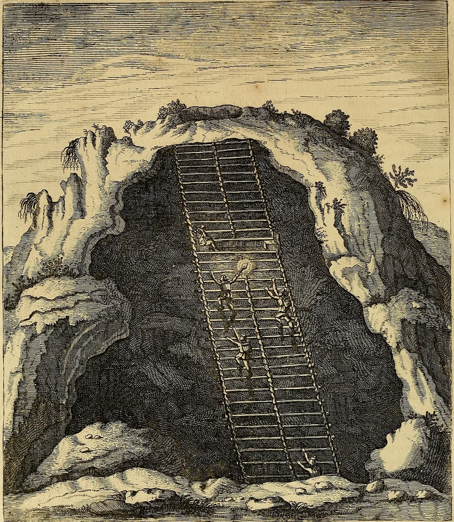 An illustration from Mundus subterraneus, in XII libros digestus : qvo divinum subterrestris mundi opificium, mira ergasteriorum naturae in eo distributio, verbo [pantamorphon] Protei regnum, universae denique naturae majestas & divitiae summa rerum varietate exponuntur, abditorum effectuum causae acri indagine inquistae demonstrantur, cognitae per artis & naturae conjugium ad humanae vitae necessarium usum vario experimentorum apparata, necnon novo modo & ratione applicantur. Ad Alexandrum VII. pont. opt. max., 1678, leaf 671