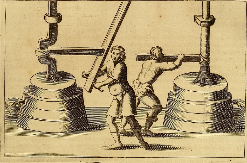 An illustration from Mundus subterraneus, in XII libros digestus : qvo divinum subterrestris mundi opificium, mira ergasteriorum naturae in eo distributio, verbo [pantamorphon] Protei regnum, universae denique naturae majestas & divitiae summa rerum varietate exponuntur, abditorum effectuum causae acri indagine inquistae demonstrantur, cognitae per artis & naturae conjugium ad humanae vitae necessarium usum vario experimentorum apparata, necnon novo modo & ratione applicantur. Ad Alexandrum VII. pont. opt. max., 1678, leaf 674