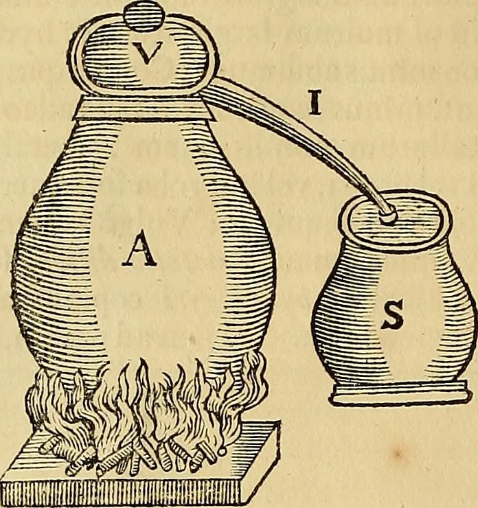 An illustration from Mundus subterraneus, in XII libros digestus : qvo divinum subterrestris mundi opificium, mira ergasteriorum naturae in eo distributio, verbo [pantamorphon] Protei regnum, universae denique naturae majestas & divitiae summa rerum varietate exponuntur, abditorum effectuum causae acri indagine inquistae demonstrantur, cognitae per artis & naturae conjugium ad humanae vitae necessarium usum vario experimentorum apparata, necnon novo modo & ratione applicantur. Ad Alexandrum VII. pont. opt. max., 1678, leaf 675