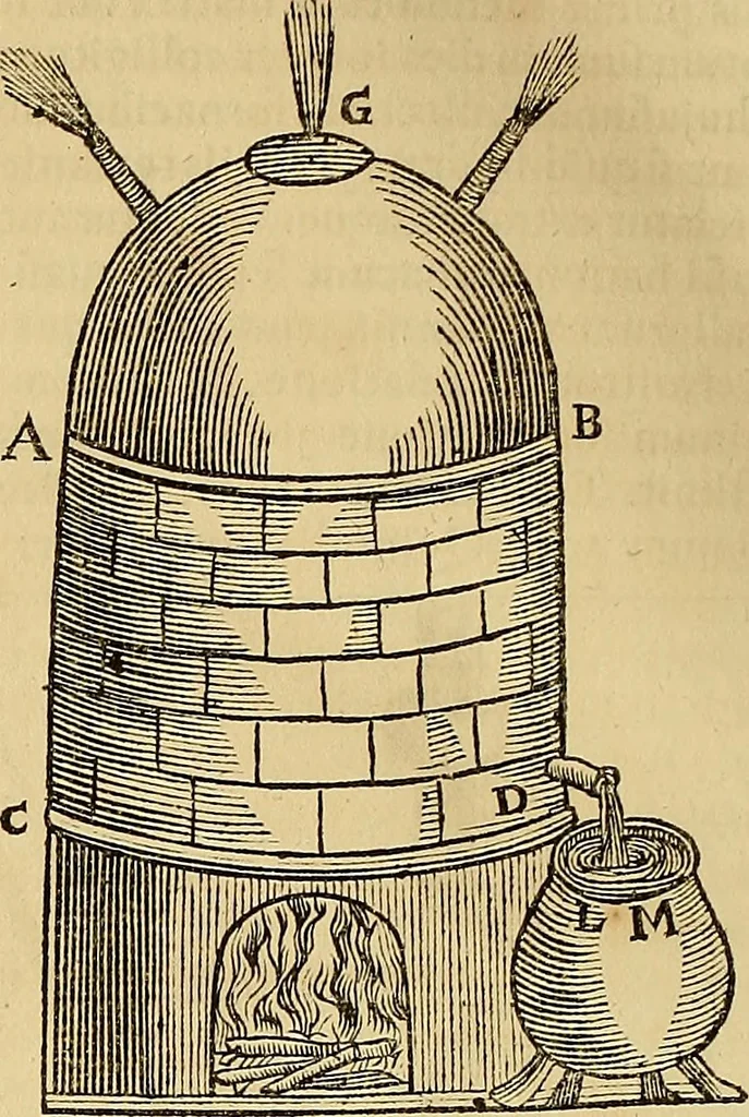 An illustration from Mundus subterraneus, in XII libros digestus : qvo divinum subterrestris mundi opificium, mira ergasteriorum naturae in eo distributio, verbo [pantamorphon] Protei regnum, universae denique naturae majestas & divitiae summa rerum varietate exponuntur, abditorum effectuum causae acri indagine inquistae demonstrantur, cognitae per artis & naturae conjugium ad humanae vitae necessarium usum vario experimentorum apparata, necnon novo modo & ratione applicantur. Ad Alexandrum VII. pont. opt. max., 1678, leaf 675