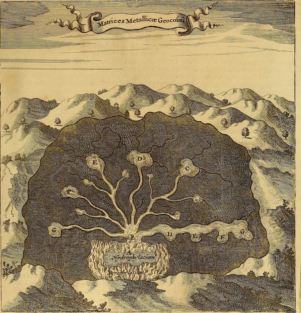 An illustration from Mundus subterraneus, in XII libros digestus : qvo divinum subterrestris mundi opificium, mira ergasteriorum naturae in eo distributio, verbo [pantamorphon] Protei regnum, universae denique naturae majestas & divitiae summa rerum varietate exponuntur, abditorum effectuum causae acri indagine inquistae demonstrantur, cognitae per artis & naturae conjugium ad humanae vitae necessarium usum vario experimentorum apparata, necnon novo modo & ratione applicantur. Ad Alexandrum VII. pont. opt. max., 1678, leaf 698