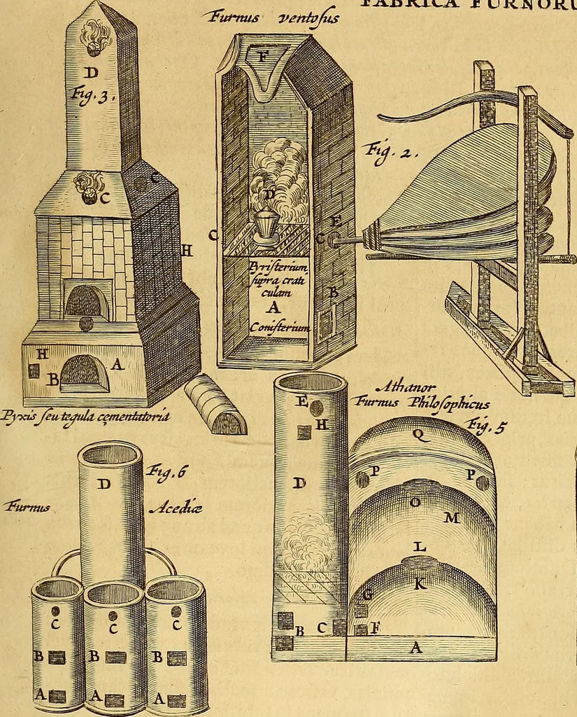 An illustration from Mundus subterraneus, in XII libros digestus : qvo divinum subterrestris mundi opificium, mira ergasteriorum naturae in eo distributio, verbo [pantamorphon] Protei regnum, universae denique naturae majestas & divitiae summa rerum varietate exponuntur, abditorum effectuum causae acri indagine inquistae demonstrantur, cognitae per artis & naturae conjugium ad humanae vitae necessarium usum vario experimentorum apparata, necnon novo modo & ratione applicantur. Ad Alexandrum VII. pont. opt. max., 1678, leaf 700