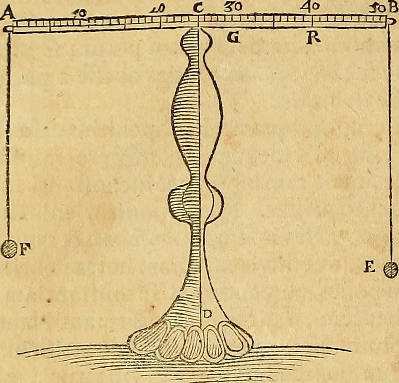 An illustration from Mundus subterraneus, in XII libros digestus : qvo divinum subterrestris mundi opificium, mira ergasteriorum naturae in eo distributio, verbo [pantamorphon] Protei regnum, universae denique naturae majestas & divitiae summa rerum varietate exponuntur, abditorum effectuum causae acri indagine inquistae demonstrantur, cognitae per artis & naturae conjugium ad humanae vitae necessarium usum vario experimentorum apparata, necnon novo modo & ratione applicantur. Ad Alexandrum VII. pont. opt. max., 1678, leaf 75