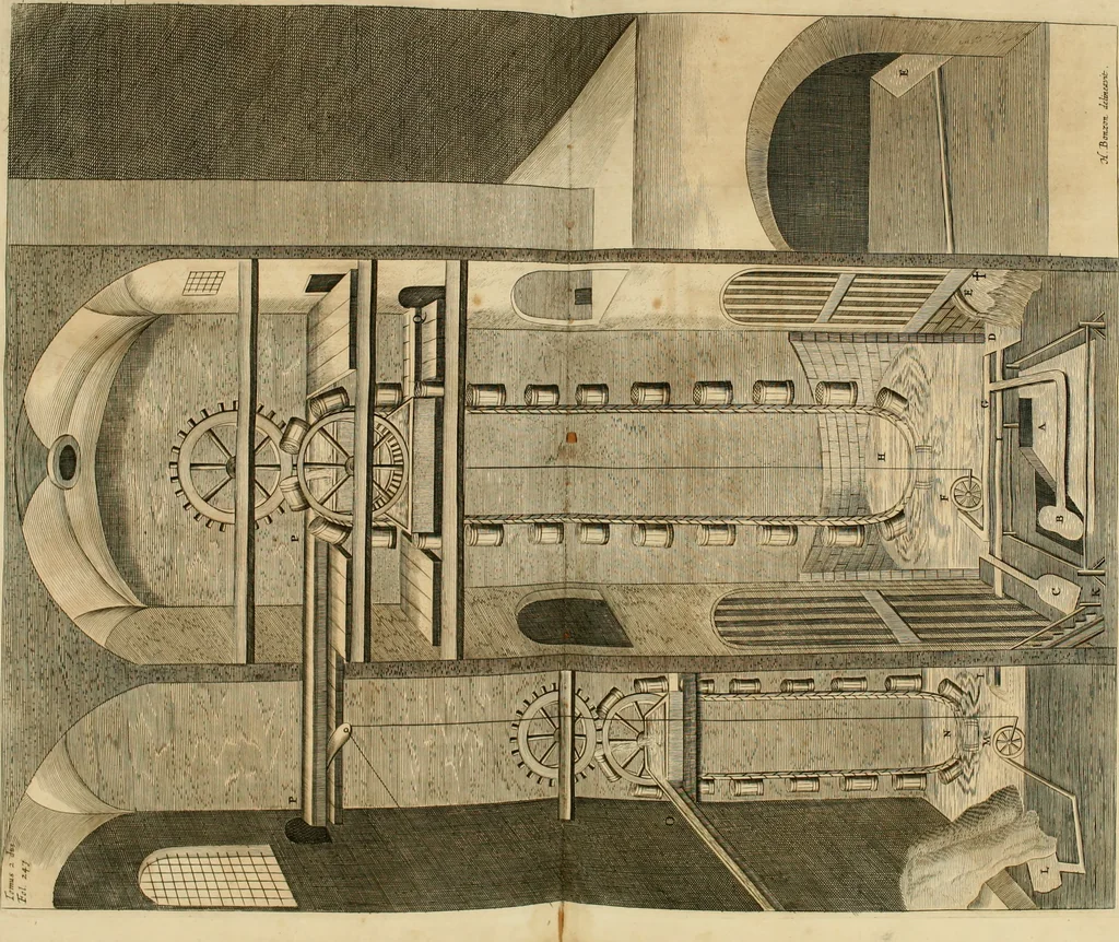 An illustration from Mundus subterraneus, in XII libros digestus : qvo divinum subterrestris mundi opificium, mira ergasteriorum naturae in eo distributio, verbo [pantamorphon] Protei regnum, universae denique naturae majestas & divitiae summa rerum varietate exponuntur, abditorum effectuum causae acri indagine inquistae demonstrantur, cognitae per artis & naturae conjugium ad humanae vitae necessarium usum vario experimentorum apparata, necnon novo modo & ratione applicantur. Ad Alexandrum VII. pont. opt. max., 1678, leaf 794