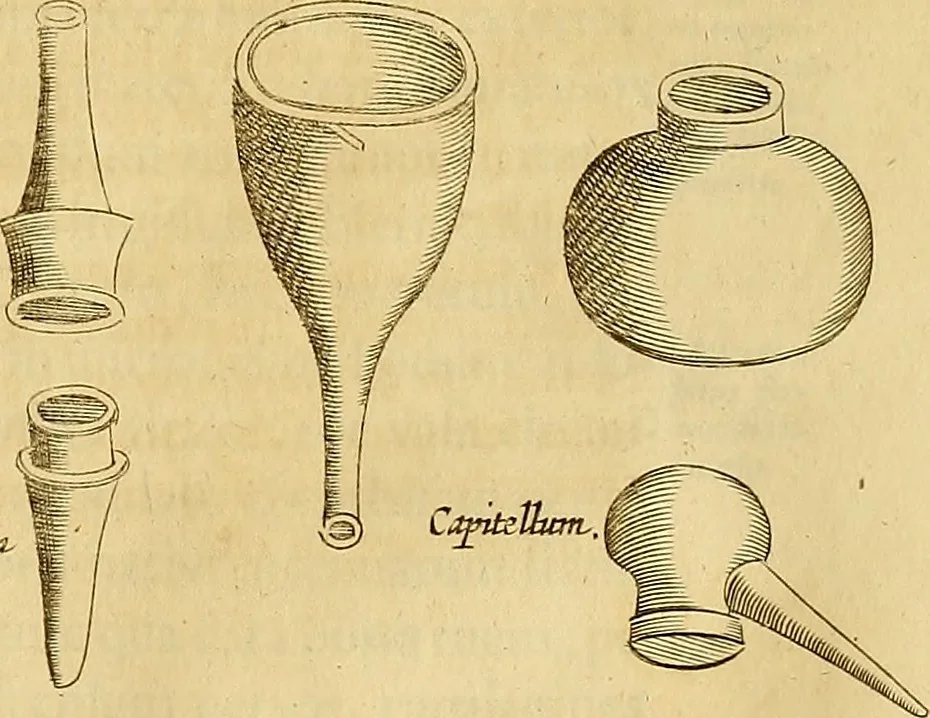 An illustration from Mundus subterraneus, in XII libros digestus : qvo divinum subterrestris mundi opificium, mira ergasteriorum naturae in eo distributio, verbo [pantamorphon] Protei regnum, universae denique naturae majestas & divitiae summa rerum varietate exponuntur, abditorum effectuum causae acri indagine inquistae demonstrantur, cognitae per artis & naturae conjugium ad humanae vitae necessarium usum vario experimentorum apparata, necnon novo modo & ratione applicantur. Ad Alexandrum VII. pont. opt. max., 1678, leaf 860