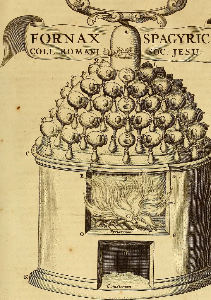 An illustration from Mundus subterraneus, in XII libros digestus : qvo divinum subterrestris mundi opificium, mira ergasteriorum naturae in eo distributio, verbo [pantamorphon] Protei regnum, universae denique naturae majestas & divitiae summa rerum varietate exponuntur, abditorum effectuum causae acri indagine inquistae demonstrantur, cognitae per artis & naturae conjugium ad humanae vitae necessarium usum vario experimentorum apparata, necnon novo modo & ratione applicantur. Ad Alexandrum VII. pont. opt. max., 1678, leaf 864