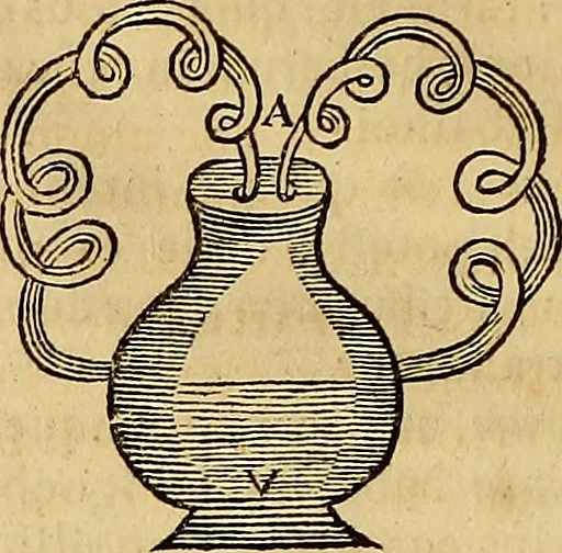 An illustration from Mundus subterraneus, in XII libros digestus : qvo divinum subterrestris mundi opificium, mira ergasteriorum naturae in eo distributio, verbo [pantamorphon] Protei regnum, universae denique naturae majestas & divitiae summa rerum varietate exponuntur, abditorum effectuum causae acri indagine inquistae demonstrantur, cognitae per artis & naturae conjugium ad humanae vitae necessarium usum vario experimentorum apparata, necnon novo modo & ratione applicantur. Ad Alexandrum VII. pont. opt. max., 1678, leaf 869