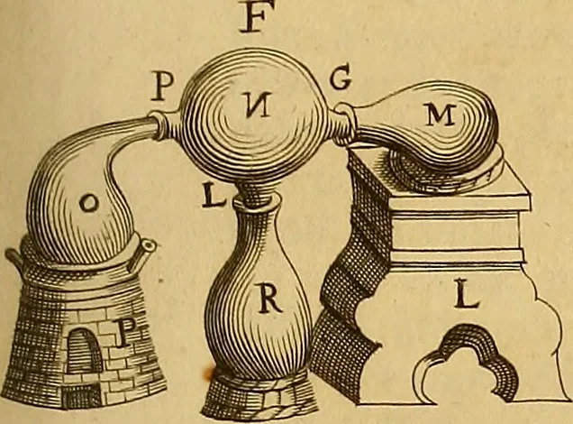 An illustration from Mundus subterraneus, in XII libros digestus : qvo divinum subterrestris mundi opificium, mira ergasteriorum naturae in eo distributio, verbo [pantamorphon] Protei regnum, universae denique naturae majestas & divitiae summa rerum varietate exponuntur, abditorum effectuum causae acri indagine inquistae demonstrantur, cognitae per artis & naturae conjugium ad humanae vitae necessarium usum vario experimentorum apparata, necnon novo modo & ratione applicantur. Ad Alexandrum VII. pont. opt. max., 1678, leaf 882