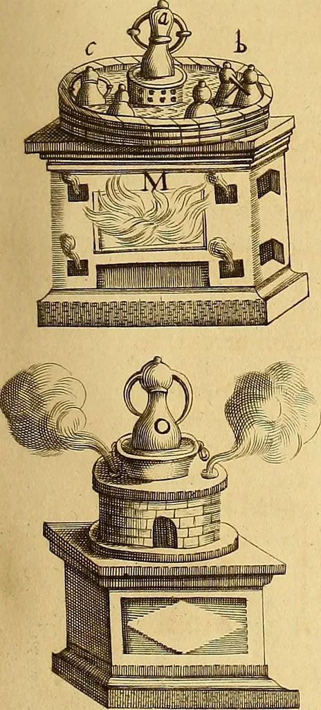 An illustration from Mundus subterraneus, in XII libros digestus : qvo divinum subterrestris mundi opificium, mira ergasteriorum naturae in eo distributio, verbo [pantamorphon] Protei regnum, universae denique naturae majestas & divitiae summa rerum varietate exponuntur, abditorum effectuum causae acri indagine inquistae demonstrantur, cognitae per artis & naturae conjugium ad humanae vitae necessarium usum vario experimentorum apparata, necnon novo modo & ratione applicantur. Ad Alexandrum VII. pont. opt. max., 1678, leaf 882