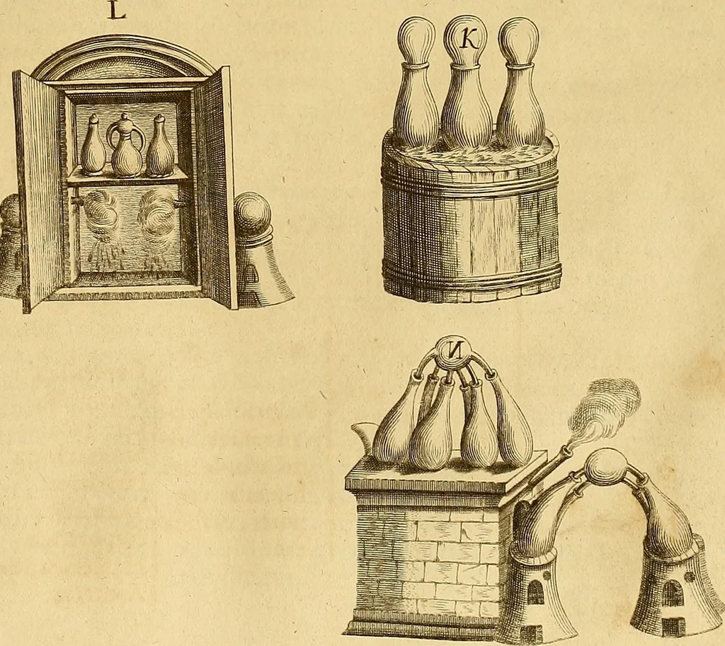 An illustration from Mundus subterraneus, in XII libros digestus : qvo divinum subterrestris mundi opificium, mira ergasteriorum naturae in eo distributio, verbo [pantamorphon] Protei regnum, universae denique naturae majestas & divitiae summa rerum varietate exponuntur, abditorum effectuum causae acri indagine inquistae demonstrantur, cognitae per artis & naturae conjugium ad humanae vitae necessarium usum vario experimentorum apparata, necnon novo modo & ratione applicantur. Ad Alexandrum VII. pont. opt. max., 1678, leaf 882
