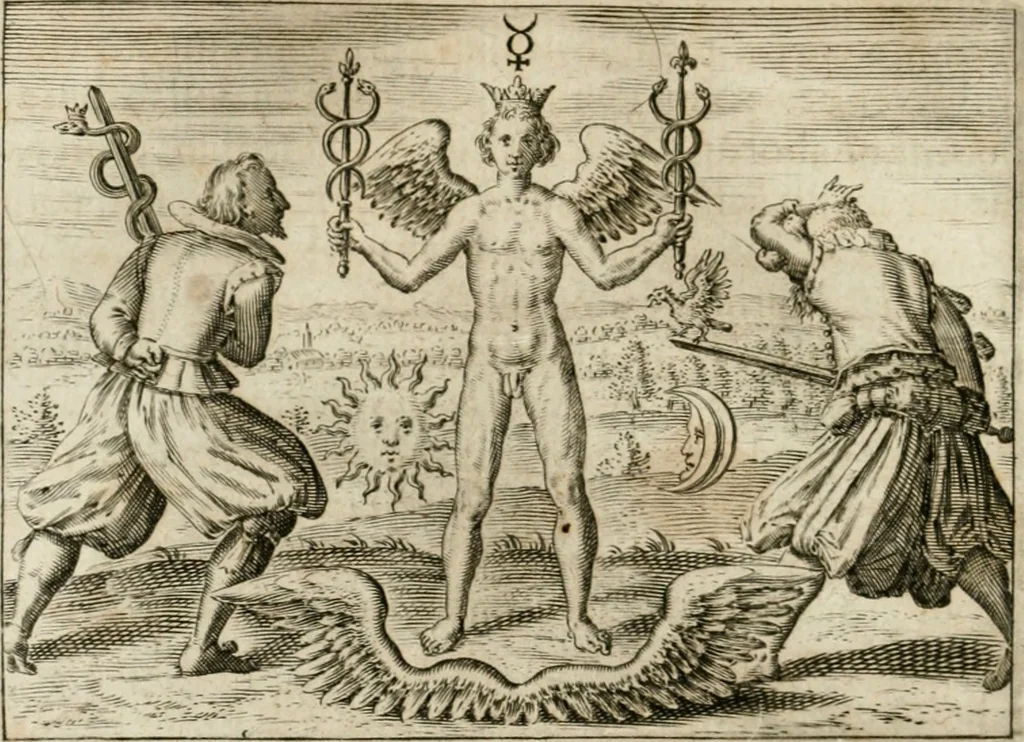 An illustration from Musaeum hermeticum, reformatum et amplificatum : omnes sopho-spagyricae artis discipulos fidelissimè erudiens, quo pacto summa illa veraque lapidis philosophici medicina, qua res omnes qualemcunque defectum patientes, instaurantur, inveniri & haberi queat : continens tractatus chimicos XXI. praestantissimos .., 1678, leaf 413