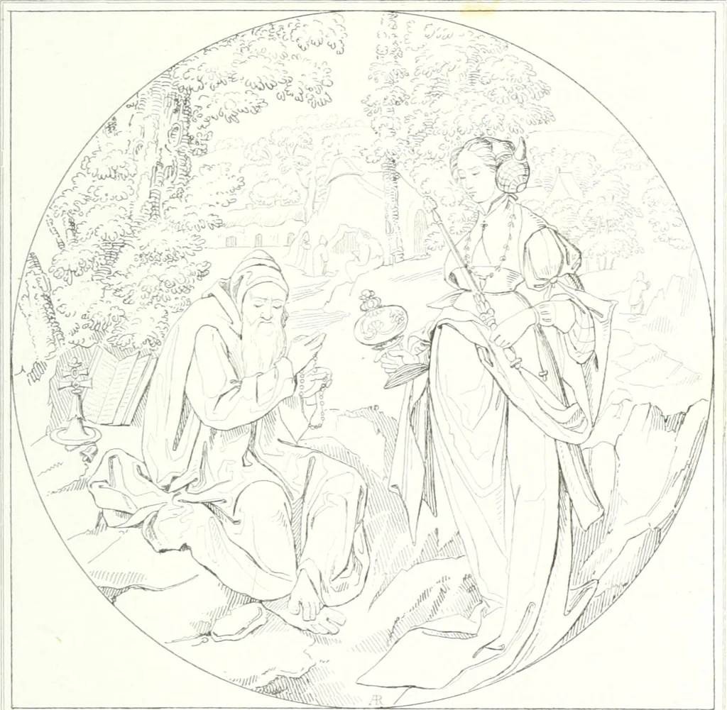 An illustration from Musée de peinture et de sculpture; ou, Recueil des principaux tableaux, statues et bas-reliefs des collections publiques et particulières de l'Europe. Dessiné et gravé à l'eau-forte par Réveil, avec des notices descriptives, critiques et historiques par Louis et Réné Ménard, 1872, leaf 110