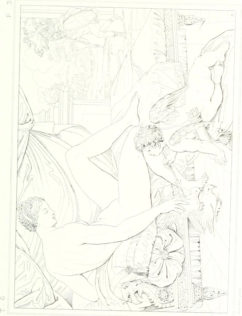 An illustration from Musée de peinture et de sculpture; ou, Recueil des principaux tableaux, statues et bas-reliefs des collections publiques et particulières de l'Europe. Dessiné et gravé à l'eau-forte par Réveil, avec des notices descriptives, critiques et historiques par Louis et Réné Ménard, 1872, leaf 112