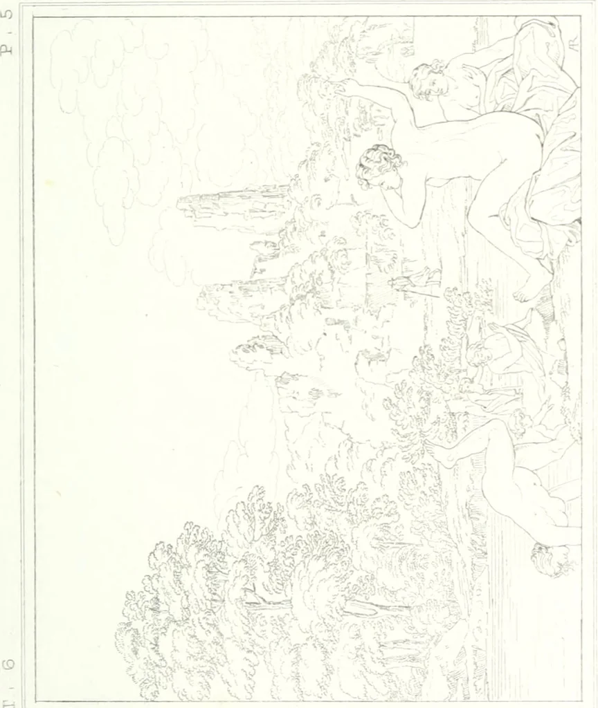 An illustration from Musée de peinture et de sculpture; ou, Recueil des principaux tableaux, statues et bas-reliefs des collections publiques et particulières de l'Europe. Dessiné et gravé à l'eau-forte par Réveil, avec des notices descriptives, critiques et historiques par Louis et Réné Ménard, 1872, leaf 116