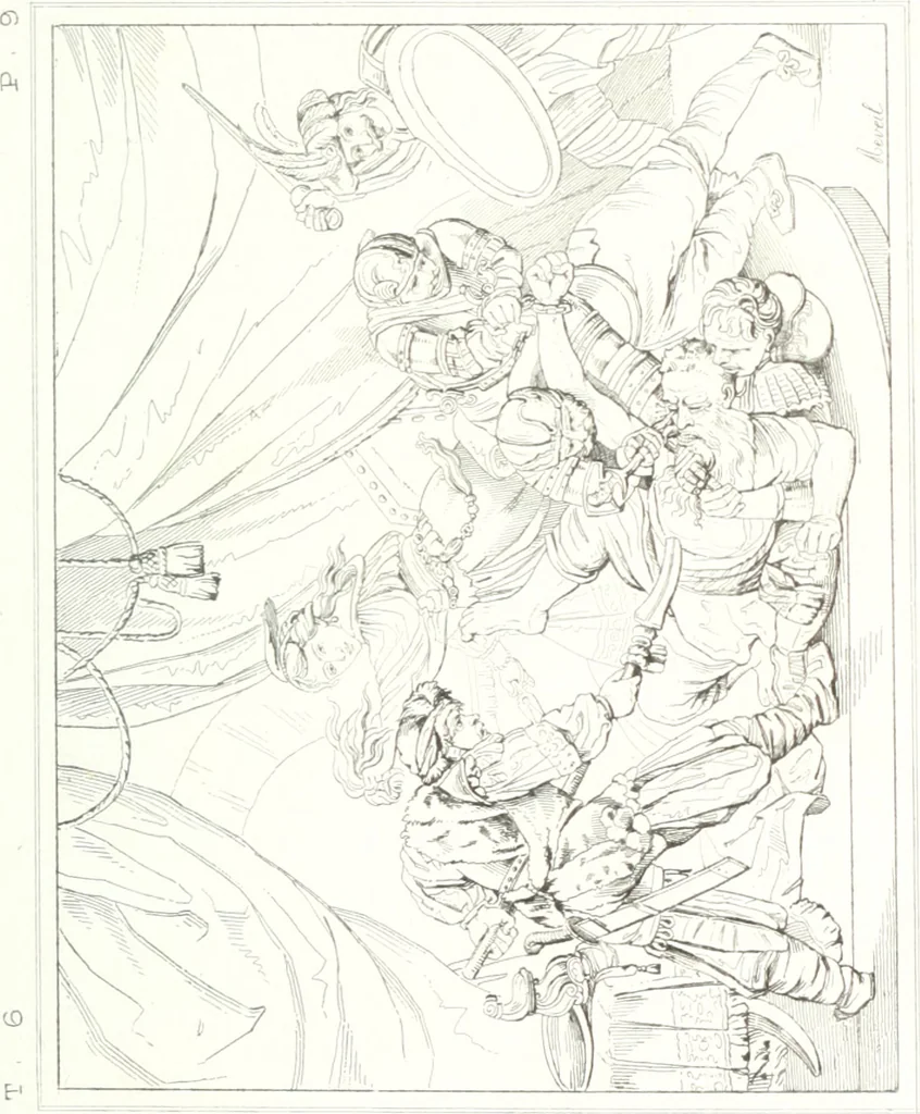 An illustration from Musée de peinture et de sculpture; ou, Recueil des principaux tableaux, statues et bas-reliefs des collections publiques et particulières de l'Europe. Dessiné et gravé à l'eau-forte par Réveil, avec des notices descriptives, critiques et historiques par Louis et Réné Ménard, 1872, leaf 124