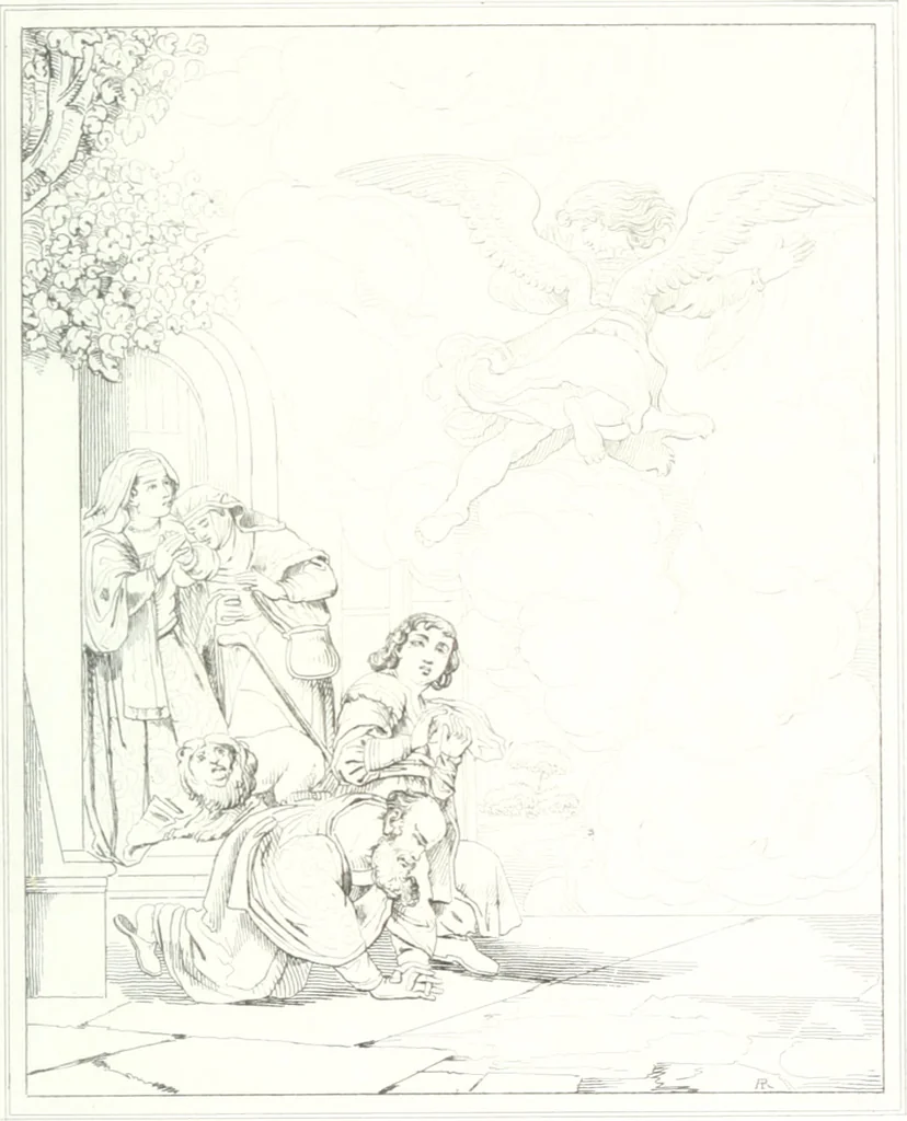An illustration from Musée de peinture et de sculpture; ou, Recueil des principaux tableaux, statues et bas-reliefs des collections publiques et particulières de l'Europe. Dessiné et gravé à l'eau-forte par Réveil, avec des notices descriptives, critiques et historiques par Louis et Réné Ménard, 1872, leaf 126