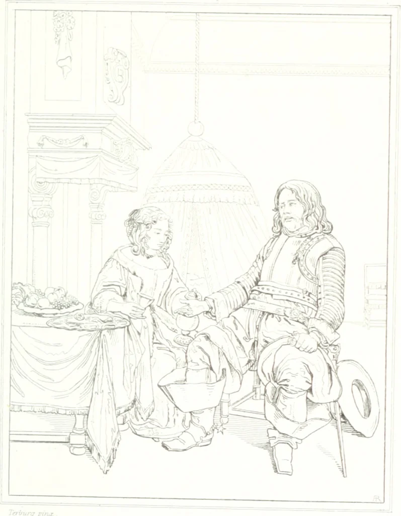 An illustration from Musée de peinture et de sculpture; ou, Recueil des principaux tableaux, statues et bas-reliefs des collections publiques et particulières de l'Europe. Dessiné et gravé à l'eau-forte par Réveil, avec des notices descriptives, critiques et historiques par Louis et Réné Ménard, 1872, leaf 144