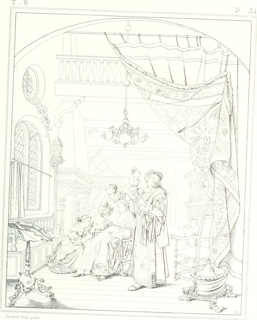 An illustration from Musée de peinture et de sculpture; ou, Recueil des principaux tableaux, statues et bas-reliefs des collections publiques et particulières de l'Europe. Dessiné et gravé à l'eau-forte par Réveil, avec des notices descriptives, critiques et historiques par Louis et Réné Ménard, 1872, leaf 168