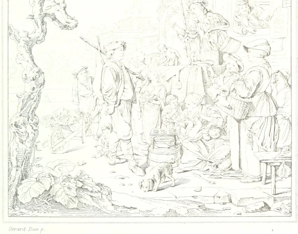 An illustration from Musée de peinture et de sculpture; ou, Recueil des principaux tableaux, statues et bas-reliefs des collections publiques et particulières de l'Europe. Dessiné et gravé à l'eau-forte par Réveil, avec des notices descriptives, critiques et historiques par Louis et Réné Ménard, 1872, leaf 170