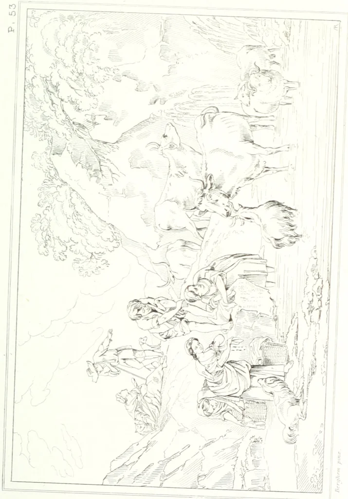 An illustration from Musée de peinture et de sculpture; ou, Recueil des principaux tableaux, statues et bas-reliefs des collections publiques et particulières de l'Europe. Dessiné et gravé à l'eau-forte par Réveil, avec des notices descriptives, critiques et historiques par Louis et Réné Ménard, 1872, leaf 212