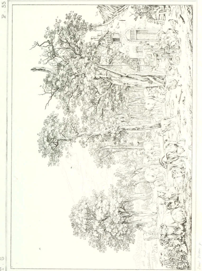 An illustration from Musée de peinture et de sculpture; ou, Recueil des principaux tableaux, statues et bas-reliefs des collections publiques et particulières de l'Europe. Dessiné et gravé à l'eau-forte par Réveil, avec des notices descriptives, critiques et historiques par Louis et Réné Ménard, 1872, leaf 216