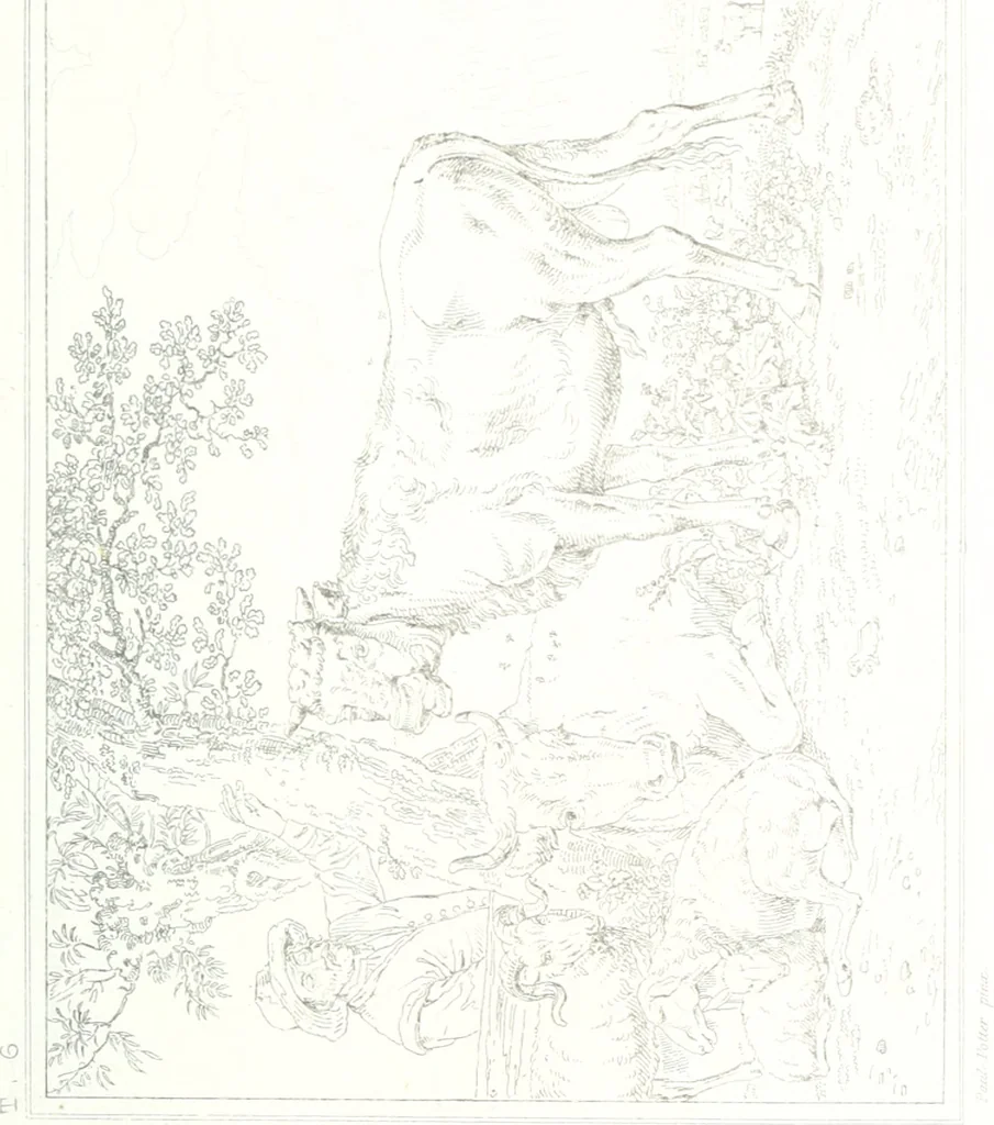 An illustration from Musée de peinture et de sculpture; ou, Recueil des principaux tableaux, statues et bas-reliefs des collections publiques et particulières de l'Europe. Dessiné et gravé à l'eau-forte par Réveil, avec des notices descriptives, critiques et historiques par Louis et Réné Ménard, 1872, leaf 218
