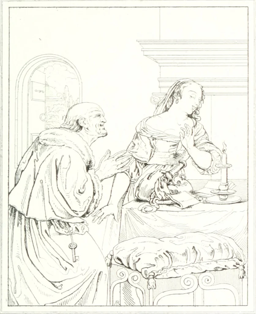 An illustration from Musée de peinture et de sculpture; ou, Recueil des principaux tableaux, statues et bas-reliefs des collections publiques et particulières de l'Europe. Dessiné et gravé à l'eau-forte par Réveil, avec des notices descriptives, critiques et historiques par Louis et Réné Ménard, 1872, leaf 230