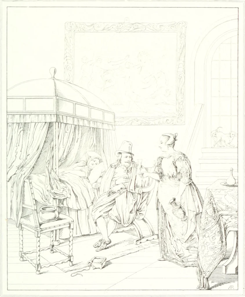 An illustration from Musée de peinture et de sculpture; ou, Recueil des principaux tableaux, statues et bas-reliefs des collections publiques et particulières de l'Europe. Dessiné et gravé à l'eau-forte par Réveil, avec des notices descriptives, critiques et historiques par Louis et Réné Ménard, 1872, leaf 242
