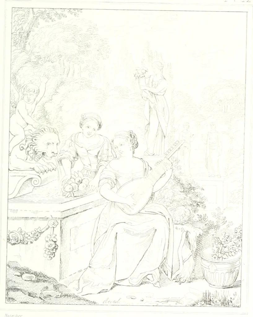 An illustration from Musée de peinture et de sculpture; ou, Recueil des principaux tableaux, statues et bas-reliefs des collections publiques et particulières de l'Europe. Dessiné et gravé à l'eau-forte par Réveil, avec des notices descriptives, critiques et historiques par Louis et Réné Ménard, 1872, leaf 250